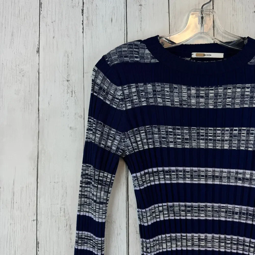 Becken Blue/Grey Striped Ribbed Crewneck Flare Long Sleeve Sweater Size XS